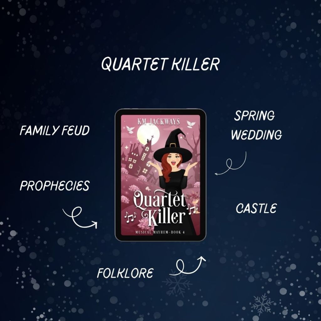 Quartet Killer book cover pink with witch with tropes family feud, prophecies, spring wedding, castle, folklore